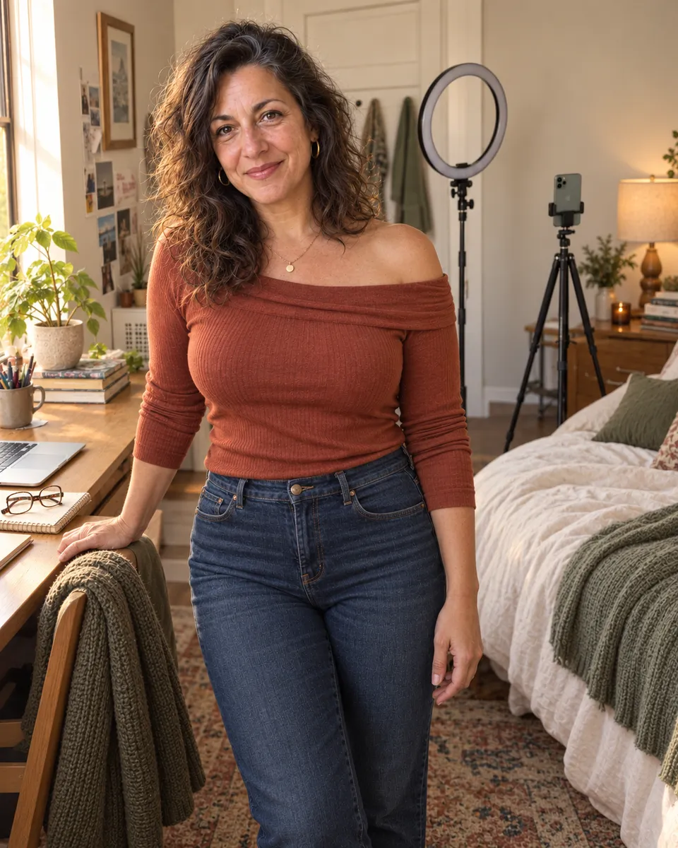 Elena Reed, 44, in a casual bedroom recording setup.